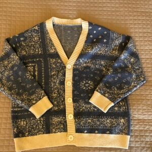 Men's Blue and Cream Button-Front Cardigan Sweater